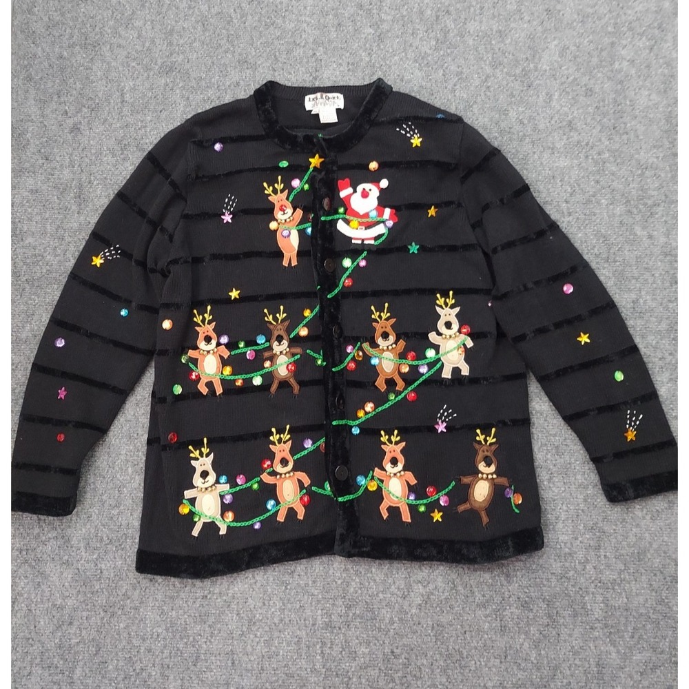 Jack B Quick Christmas Sweater Womens 1X Black Reindeer Santa Stringing Lights